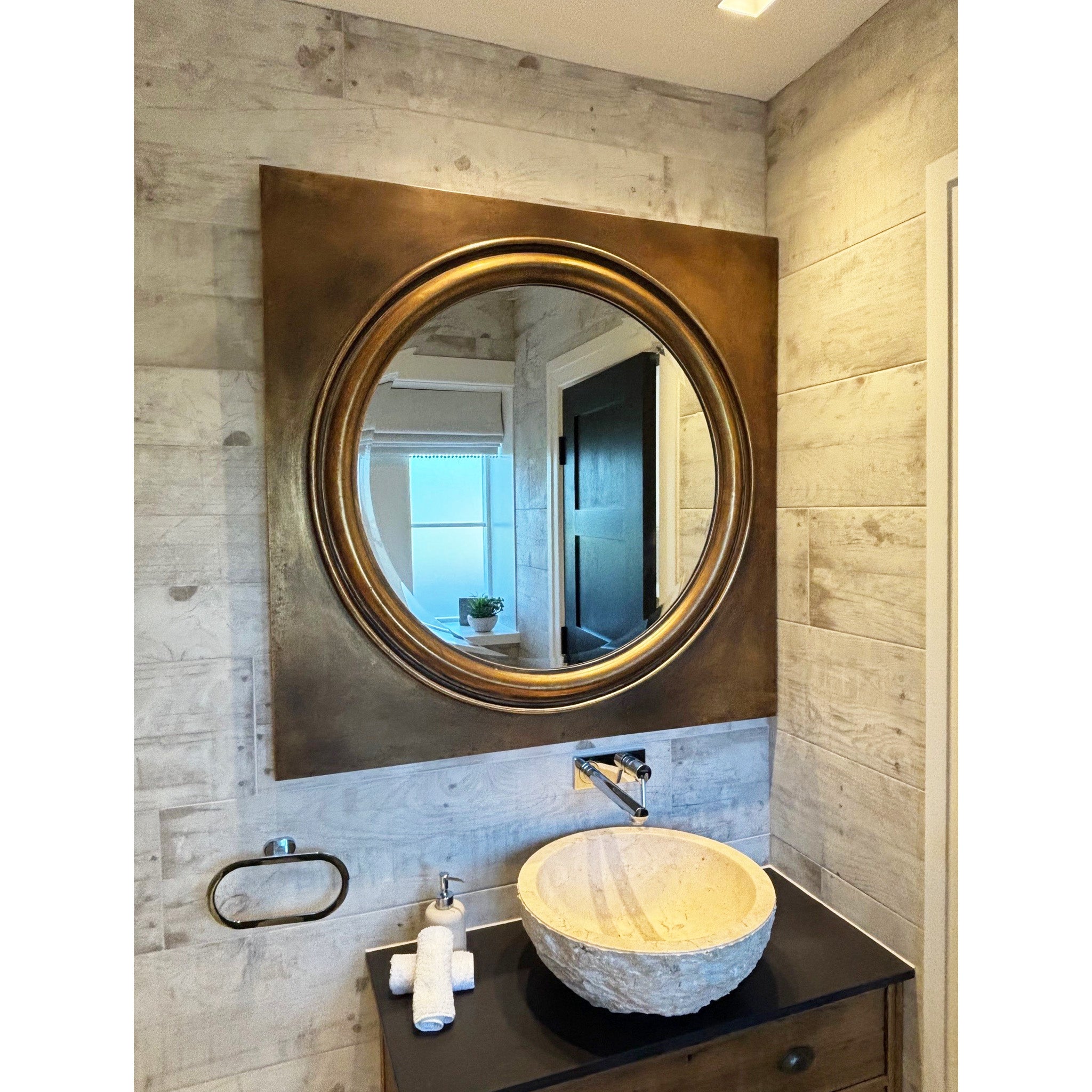 Distressed Bronze Circle Square Mirror